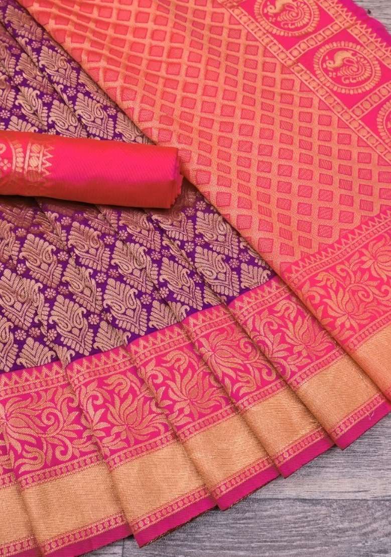 Purple Lichi Silk Blend Saree Set with Printed for Diwali | Wedding & Festive Wear - Indya