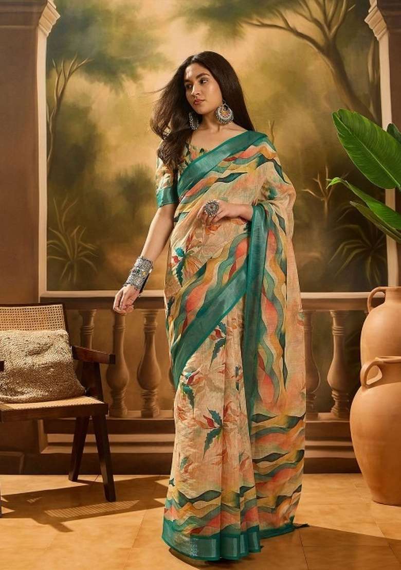 Beige Printed Linen Cotton Saree Set for Diwali and Festive Wear - Indya