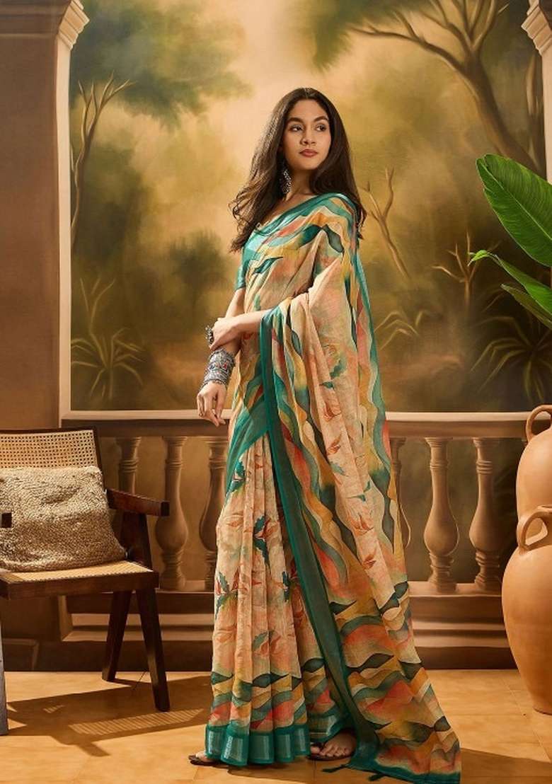 Beige Printed Linen Cotton Saree Set for Diwali and Festive Wear - Indya