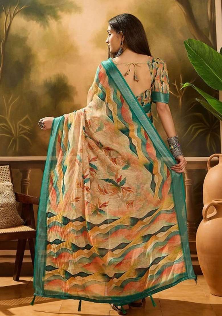 Beige Printed Linen Cotton Saree Set for Diwali and Festive Wear - Indya