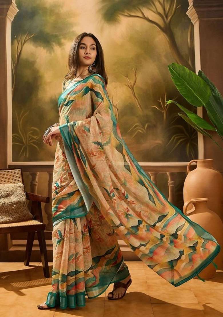 Beige Printed Linen Cotton Saree Set for Diwali and Festive Wear - Indya