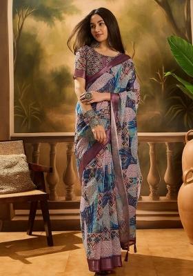 Multicolor Printed Linen Cotton Saree Set
