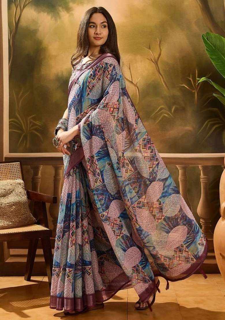 Multicolor Linen Cotton Saree Set with Printed for Diwali | Wedding & Festive Wear - Indya