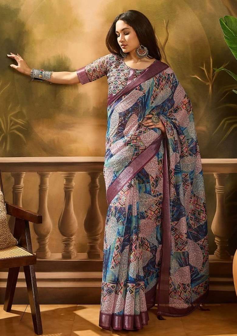 Multicolor Linen Cotton Saree Set with Printed for Diwali | Wedding & Festive Wear - Indya