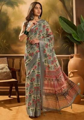Multicolor Printed Linen Cotton Saree Set