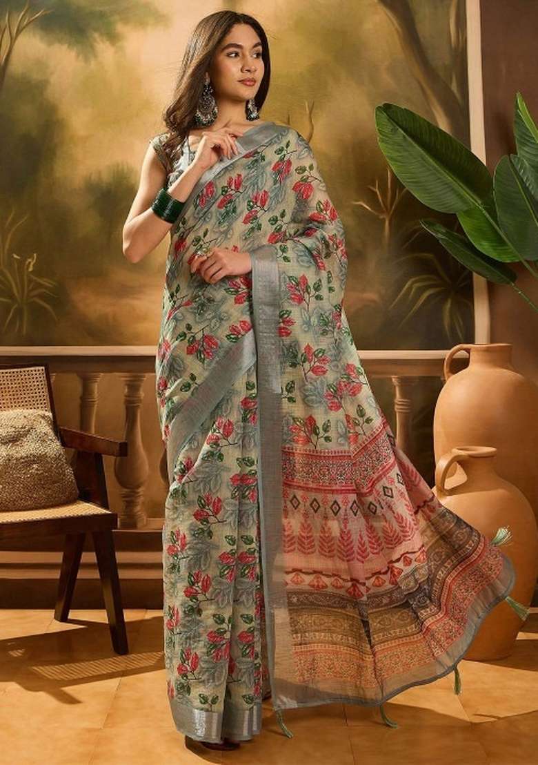 Multicolor Linen Cotton Saree Set with Printed for Diwali | Wedding & Festive Wear - Indya