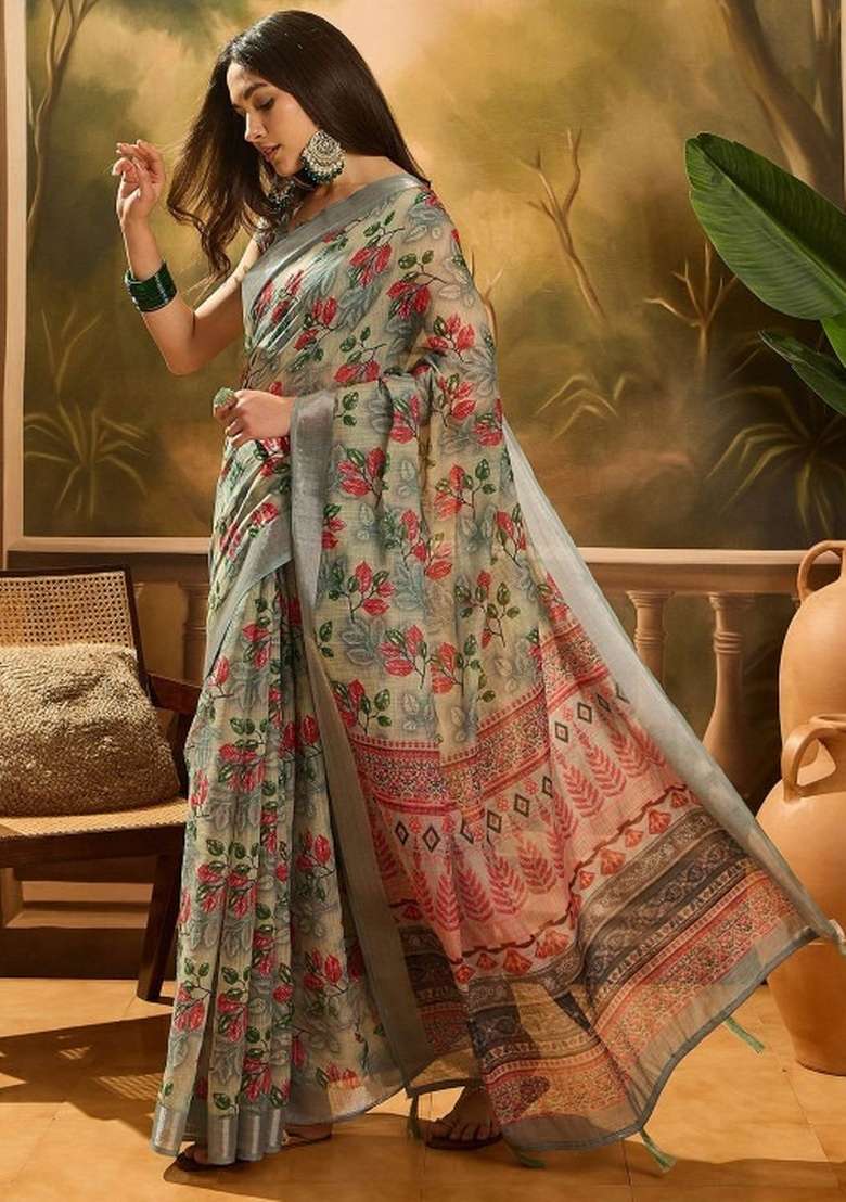 Multicolor Linen Cotton Saree Set with Printed for Diwali | Wedding & Festive Wear - Indya