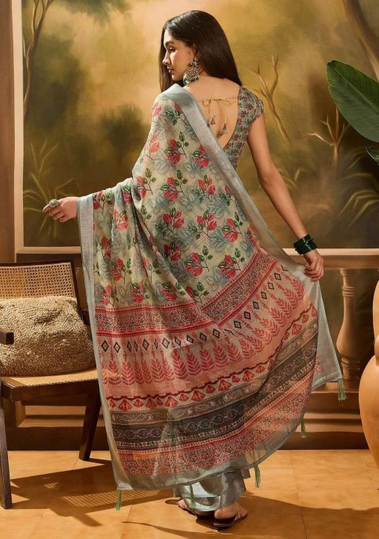 Multicolor Linen Cotton Saree Set with Printed for Diwali | Wedding & Festive Wear - Indya