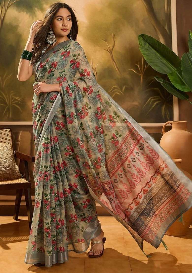 Multicolor Linen Cotton Saree Set with Printed for Diwali | Wedding & Festive Wear - Indya