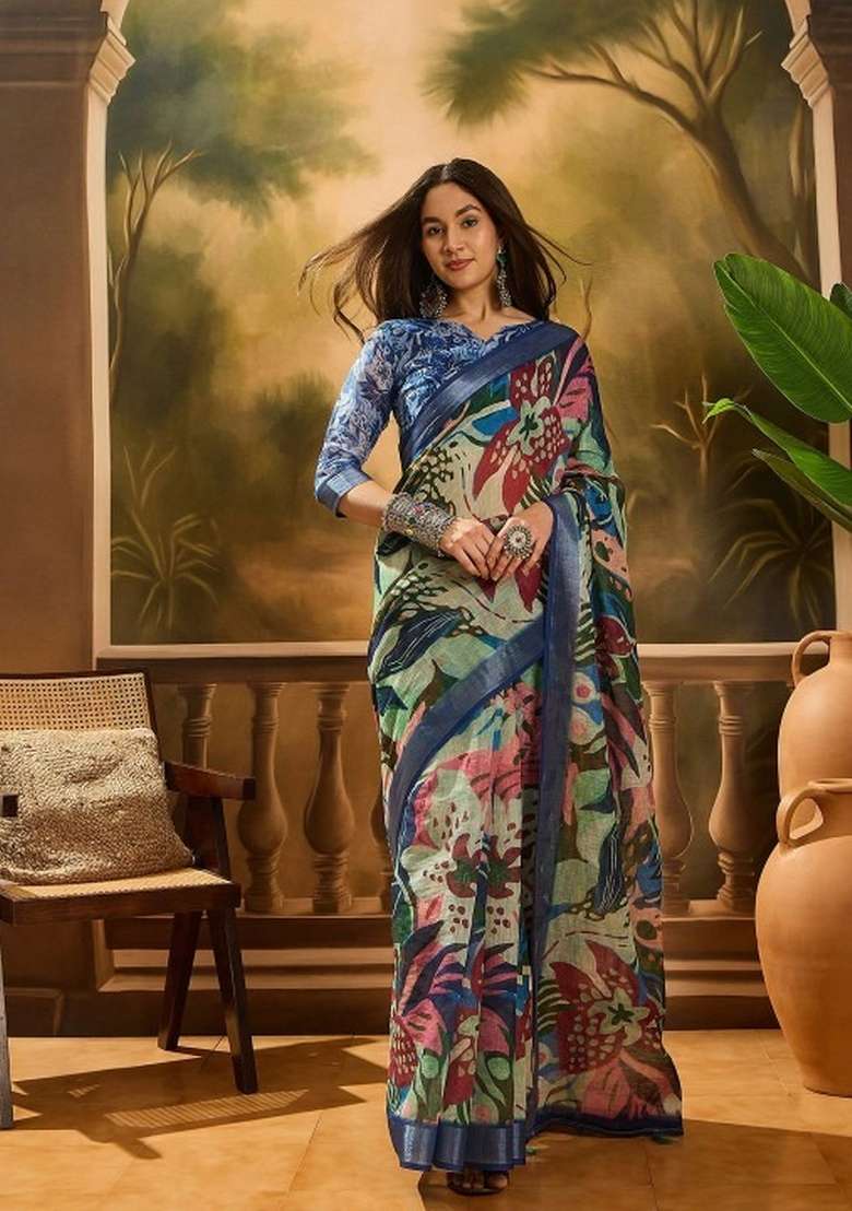 Multicolor Printed Linen Cotton Saree Set for Diwali and Festive Wear - Indya