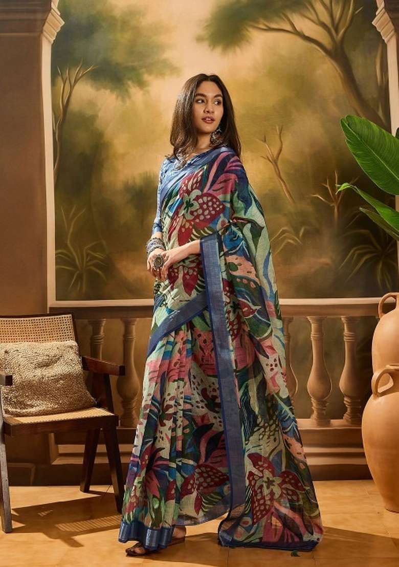 Multicolor Printed Linen Cotton Saree Set for Diwali and Festive Wear - Indya