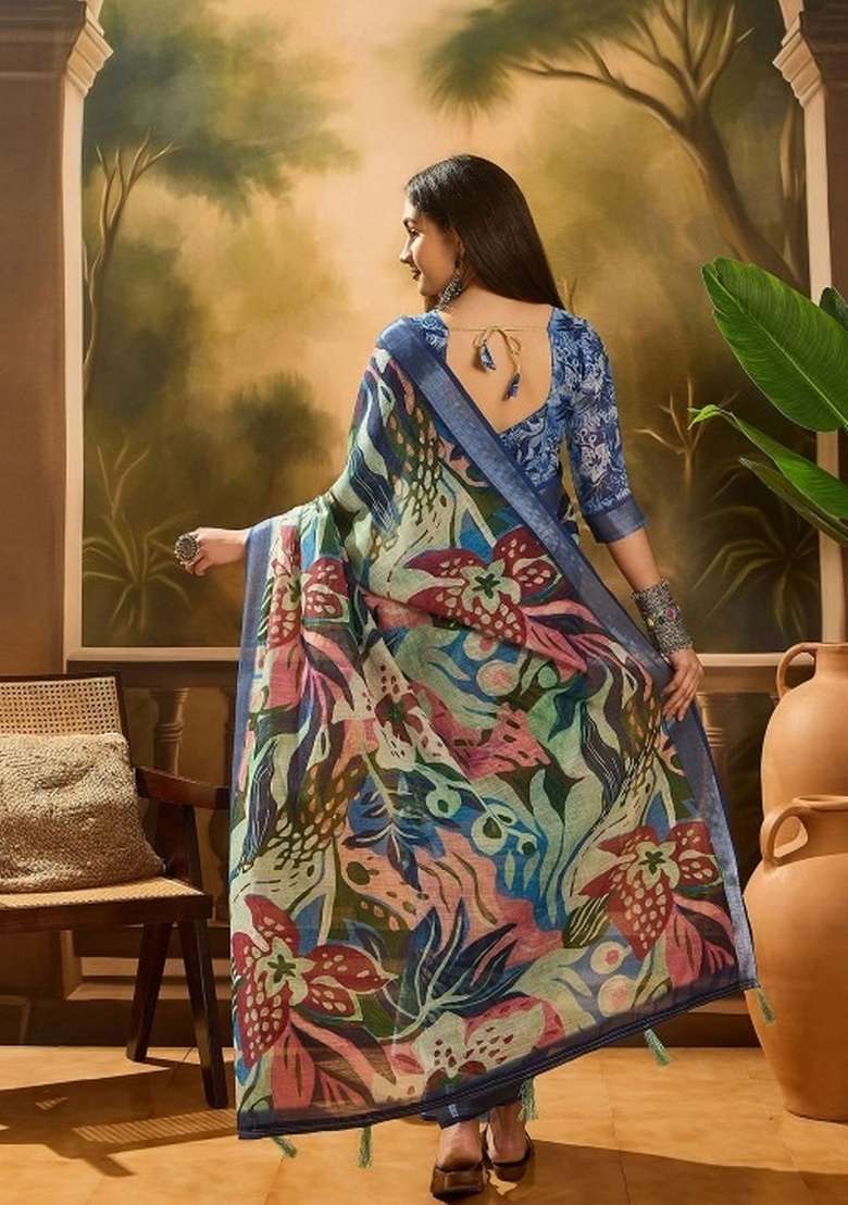 Multicolor Printed Linen Cotton Saree Set for Diwali and Festive Wear - Indya