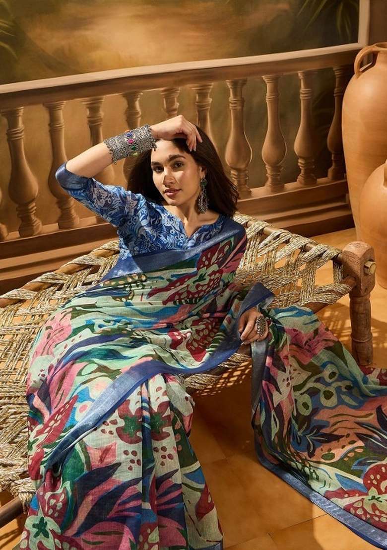 Multicolor Printed Linen Cotton Saree Set for Diwali and Festive Wear - Indya