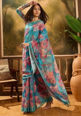 Sky Blue Printed Linen Cotton Saree Set