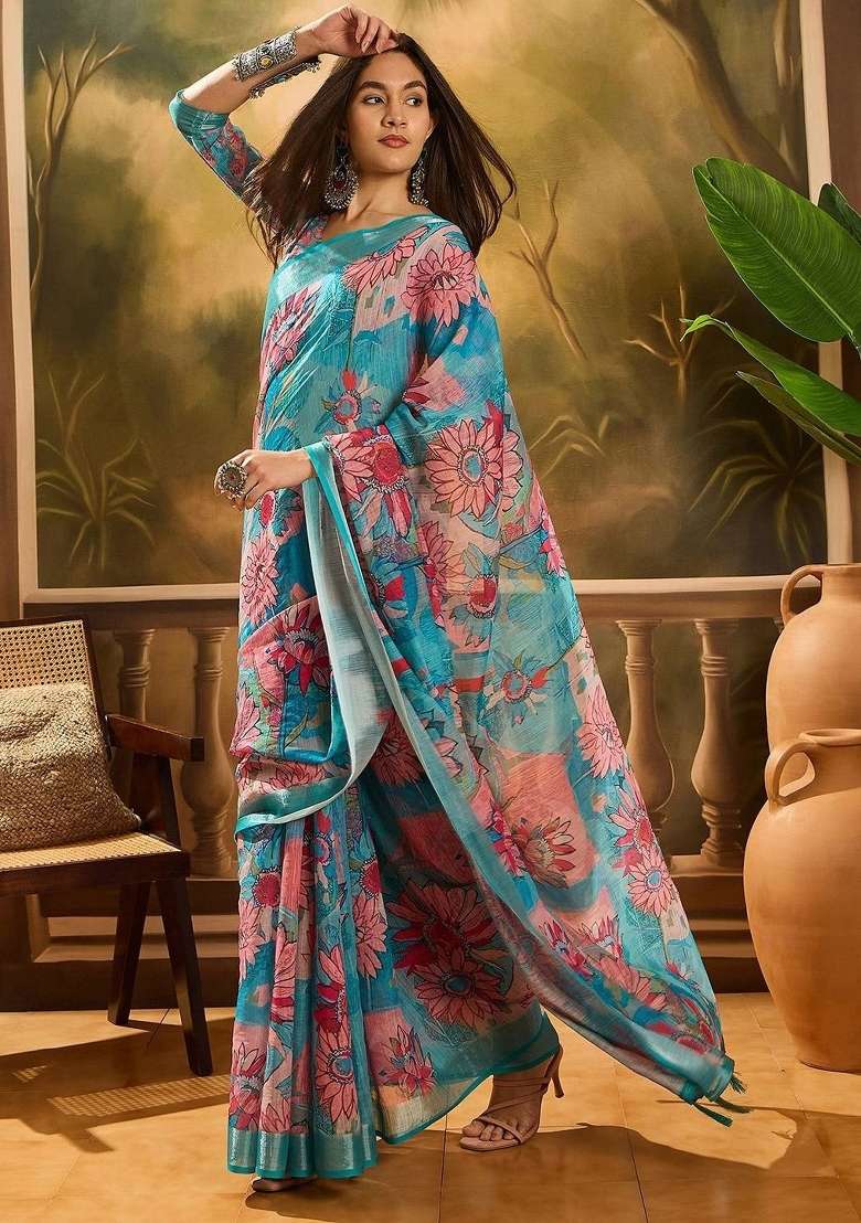 Sky Blue Printed Linen Cotton Saree Set for Diwali and Festive Wear - Indya