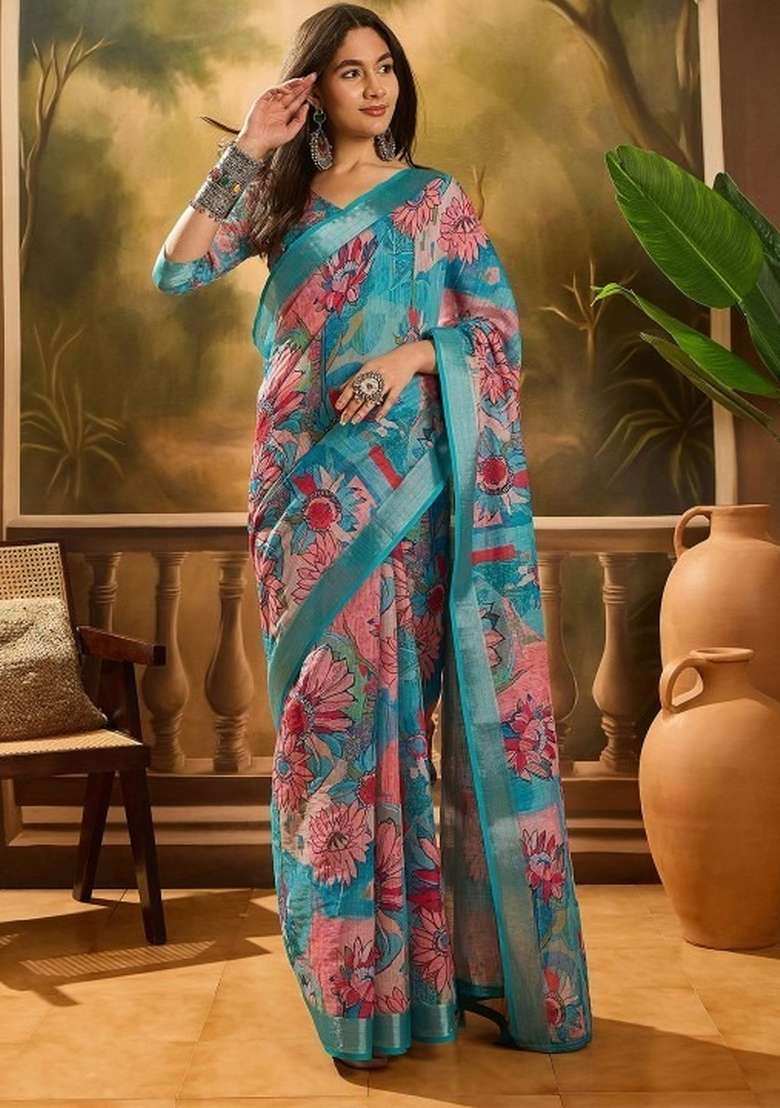 Sky Blue Printed Linen Cotton Saree Set for Diwali and Festive Wear - Indya