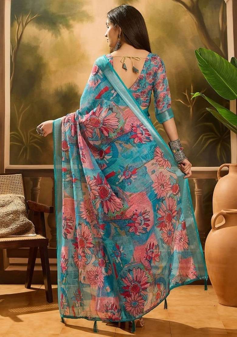 Sky Blue Printed Linen Cotton Saree Set for Diwali and Festive Wear - Indya