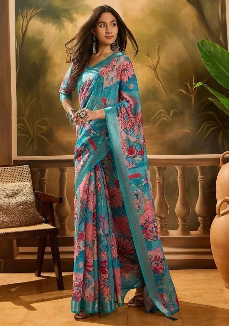 Sky Blue Printed Linen Cotton Saree Set for Diwali and Festive Wear - Indya