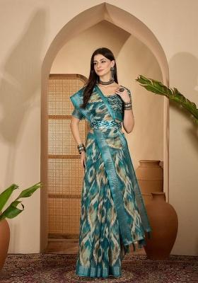 Teal Blue Printed Linen Cotton Saree Set