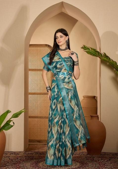 Teal Blue Printed Linen Cotton Saree Set