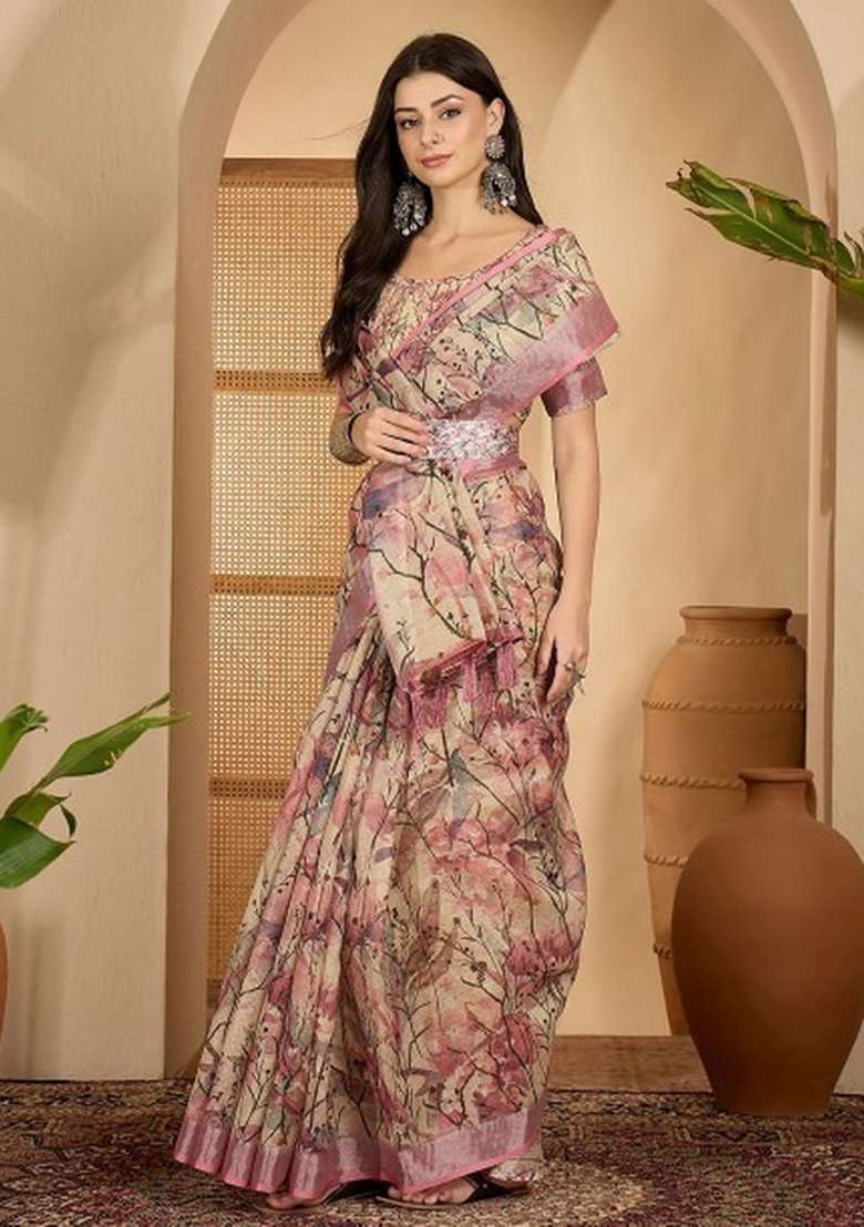 Cream Printed Linen Cotton Saree Set for Diwali and Festive Wear - Indya