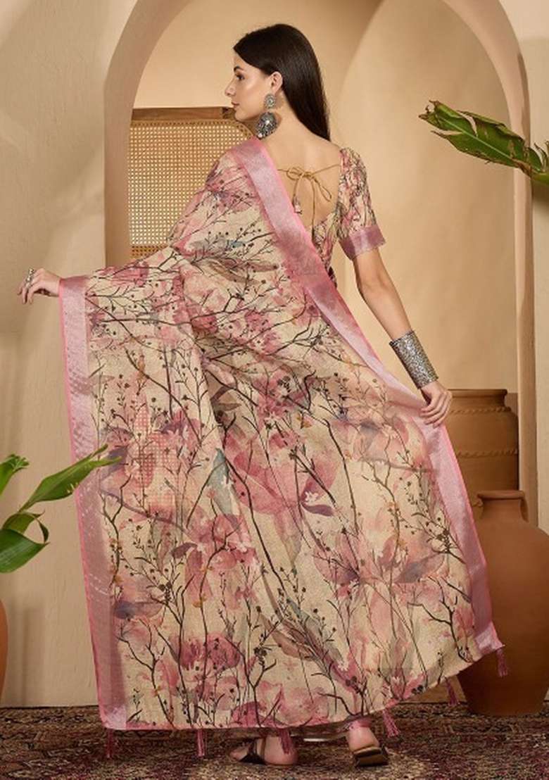 Cream Printed Linen Cotton Saree Set for Diwali and Festive Wear - Indya