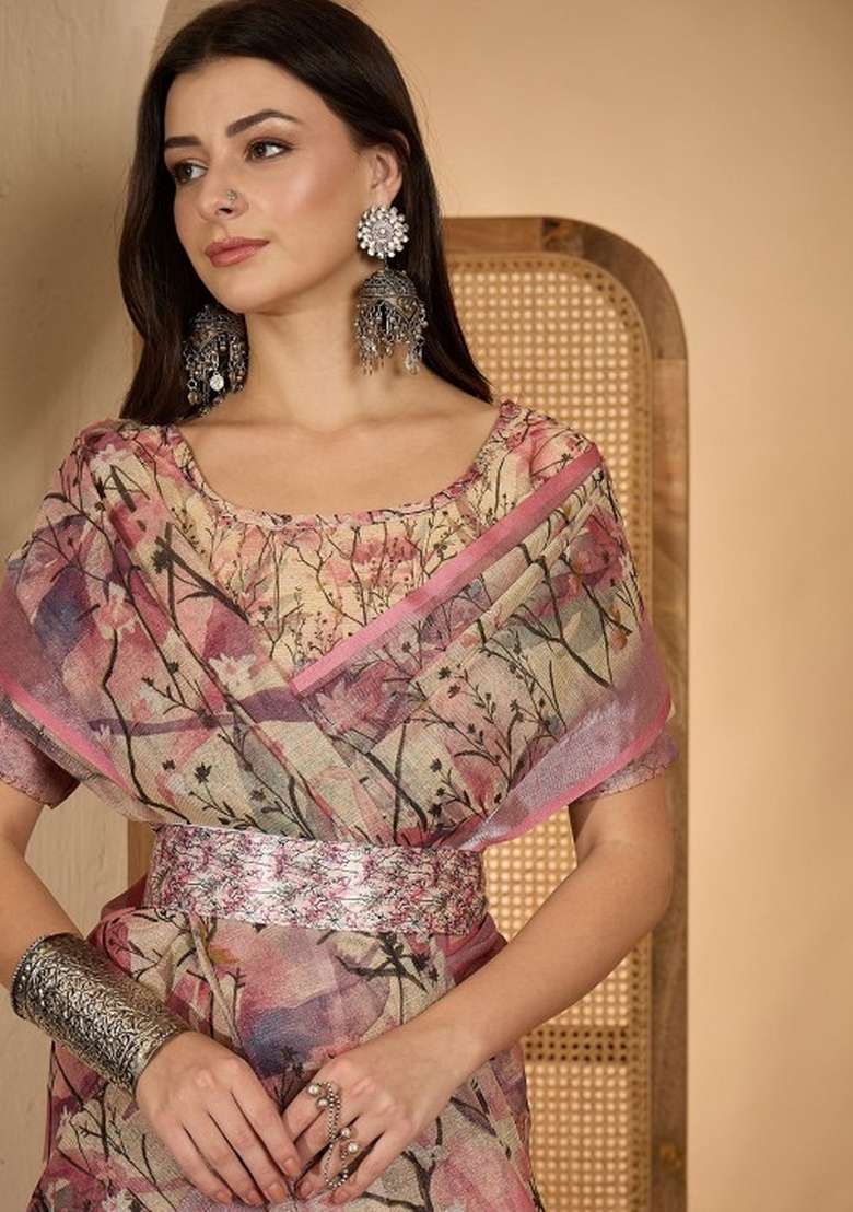 Cream Printed Linen Cotton Saree Set for Diwali and Festive Wear - Indya