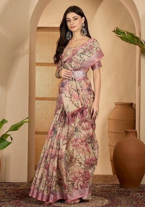 Cream Printed Linen Cotton Saree Set