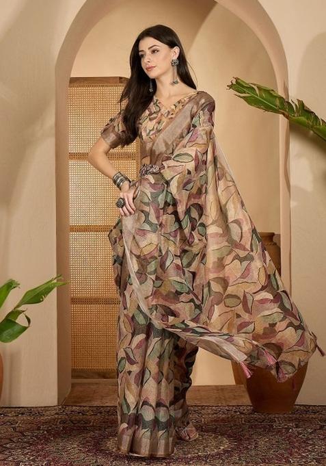 Brown Printed Linen Cotton Saree Set