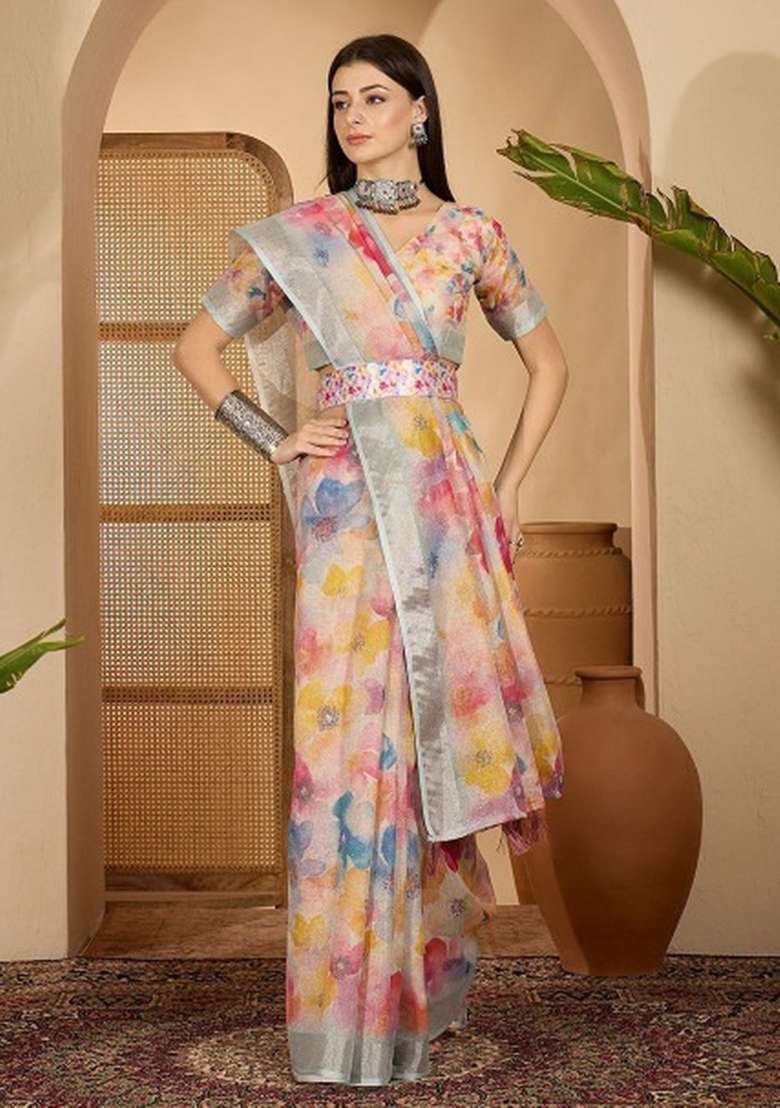 Multicolor Printed Linen Cotton Saree Set for Diwali and Festive Wear - Indya