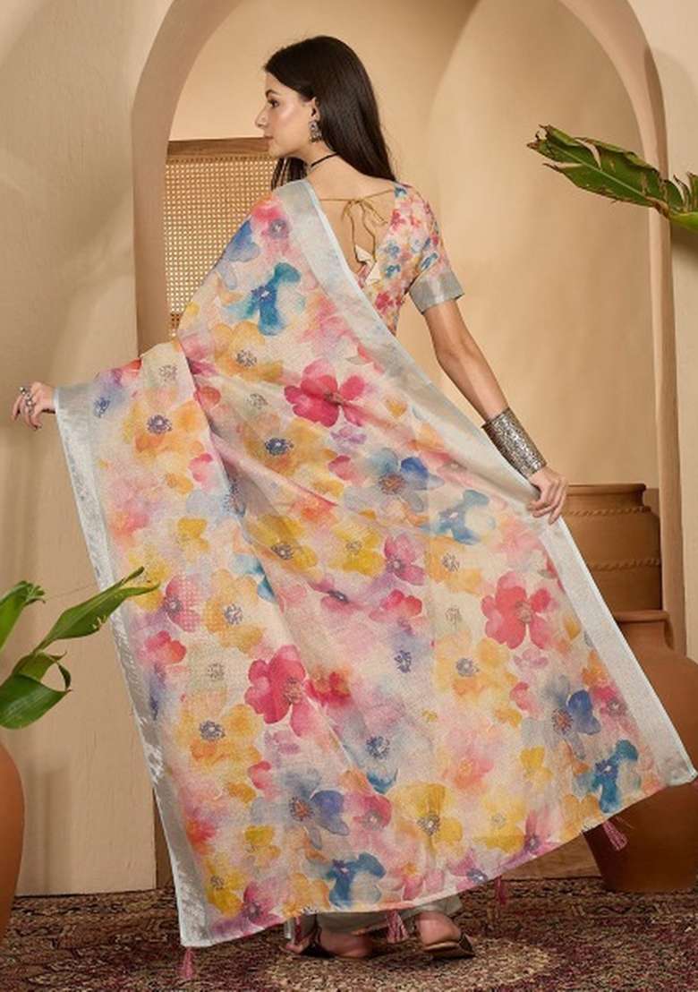 Multicolor Printed Linen Cotton Saree Set for Diwali and Festive Wear - Indya