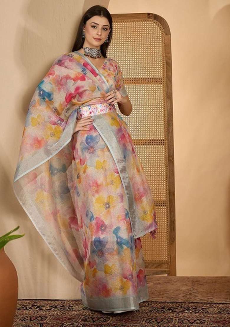 Multicolor Printed Linen Cotton Saree Set for Diwali and Festive Wear - Indya