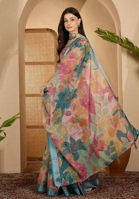 Multicolor Printed Linen Cotton Saree Set