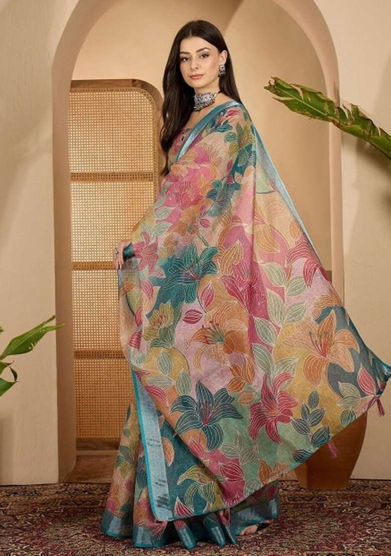 Multicolor Linen Cotton Saree Set with Printed for Diwali | Wedding & Festive Wear - Indya