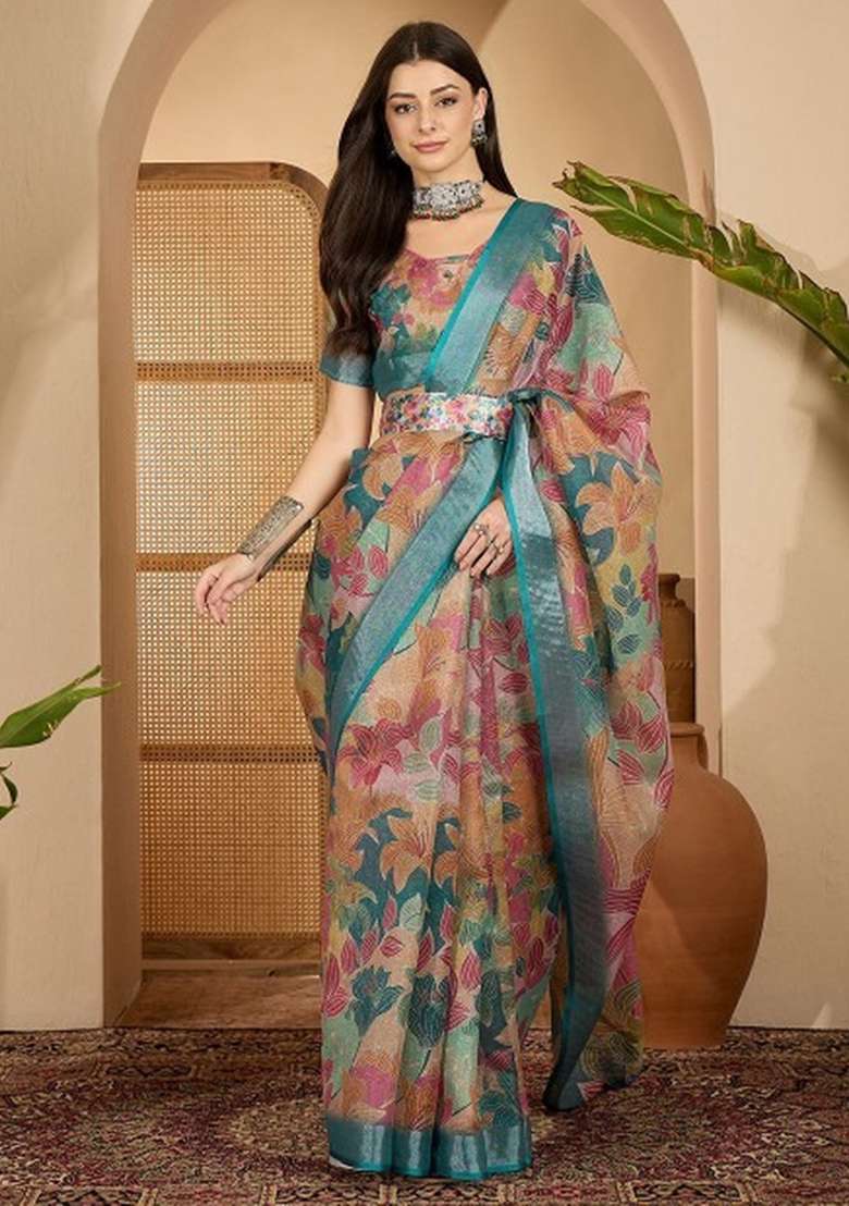 Multicolor Linen Cotton Saree Set with Printed for Diwali | Wedding & Festive Wear - Indya