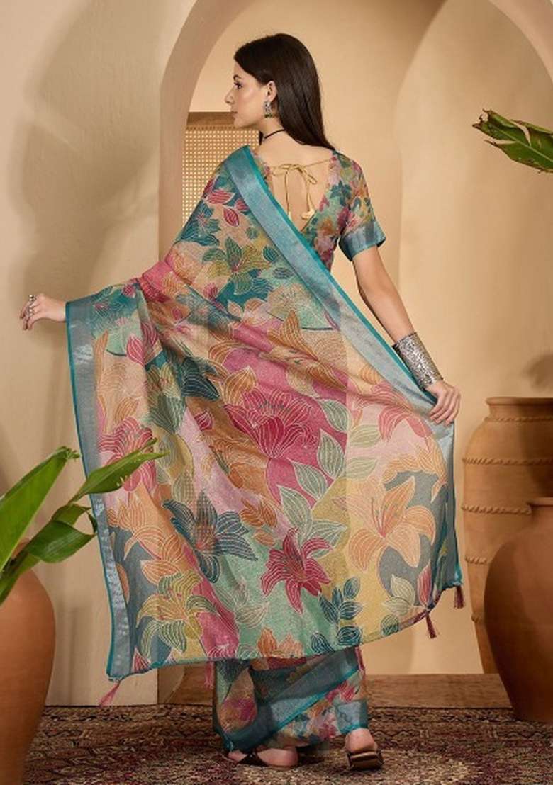 Multicolor Linen Cotton Saree Set with Printed for Diwali | Wedding & Festive Wear - Indya