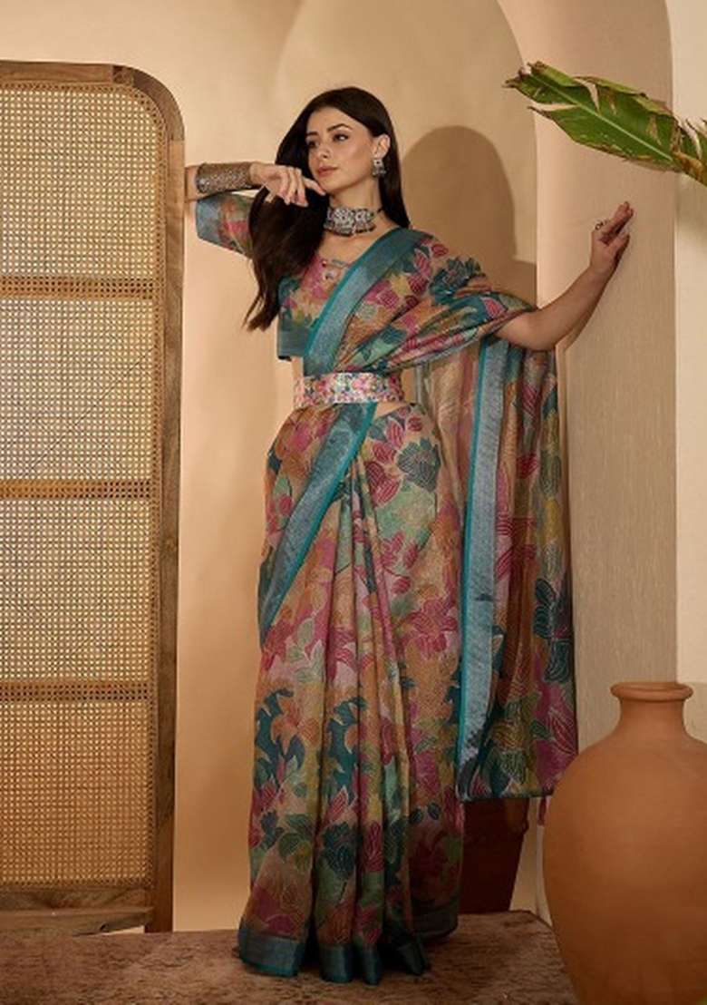 Multicolor Linen Cotton Saree Set with Printed for Diwali | Wedding & Festive Wear - Indya