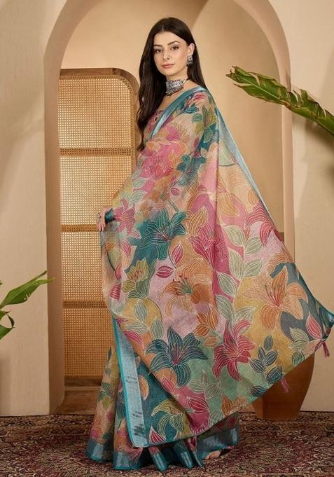 Multicolor Printed Linen Cotton Saree Set