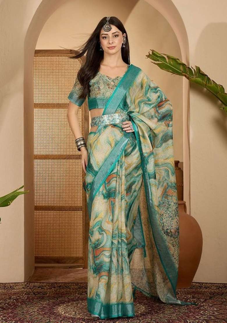 Cream Linen Cotton Saree Set with Printed for Diwali | Wedding & Festive Wear - Indya