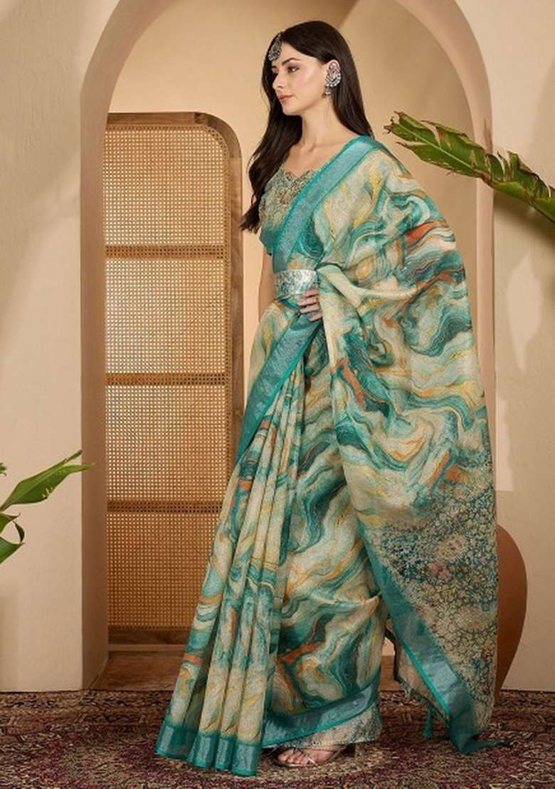 Cream Linen Cotton Saree Set with Printed for Diwali | Wedding & Festive Wear - Indya