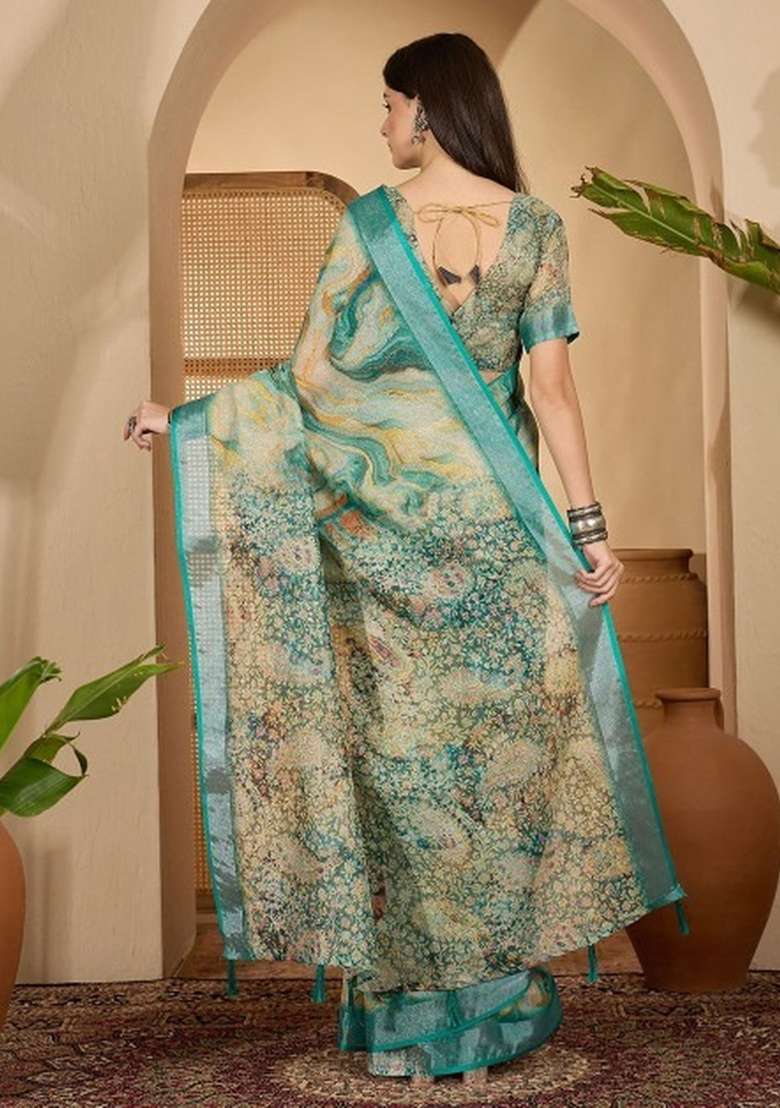 Cream Linen Cotton Saree Set with Printed for Diwali | Wedding & Festive Wear - Indya