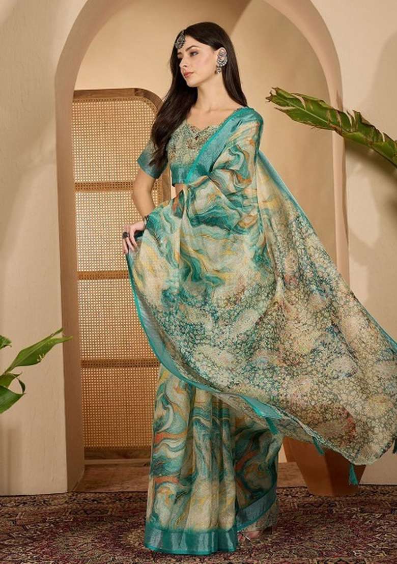 Cream Linen Cotton Saree Set with Printed for Diwali | Wedding & Festive Wear - Indya