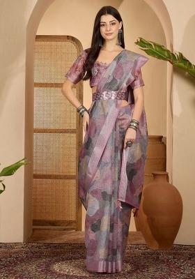 Wine Printed Linen Cotton Saree Set