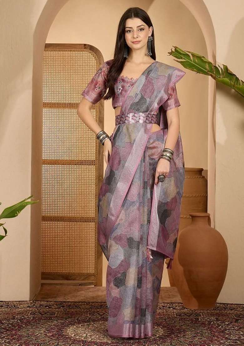 Wine Linen Cotton Saree Set with Printed for Diwali | Wedding & Festive Wear - Indya