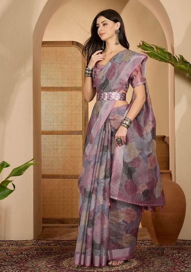 Wine Linen Cotton Saree Set with Printed for Diwali | Wedding & Festive Wear - Indya