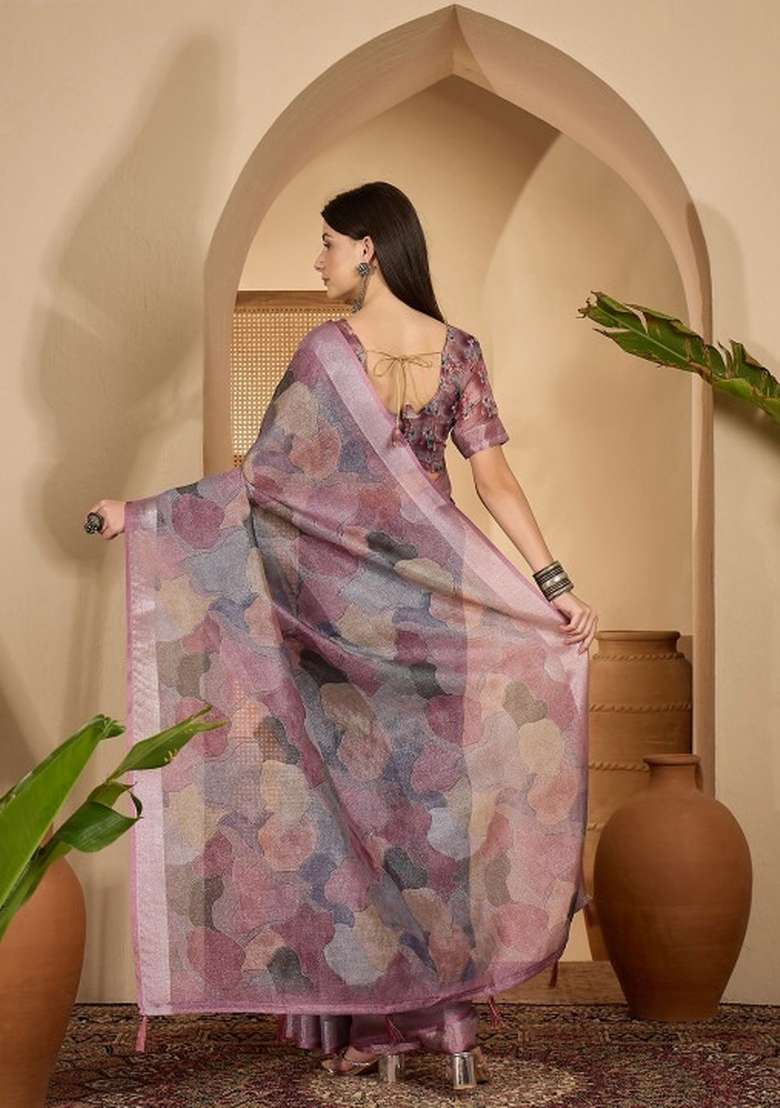 Wine Linen Cotton Saree Set with Printed for Diwali | Wedding & Festive Wear - Indya