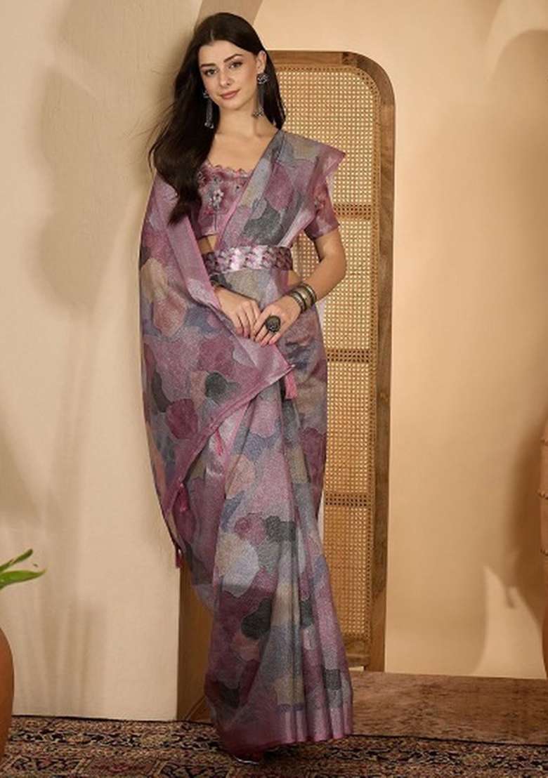 Wine Linen Cotton Saree Set with Printed for Diwali | Wedding & Festive Wear - Indya