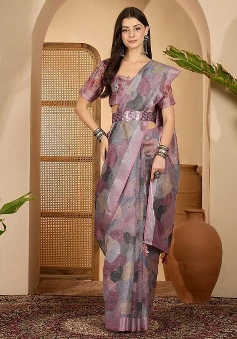 Wine Printed Linen Cotton Saree Set