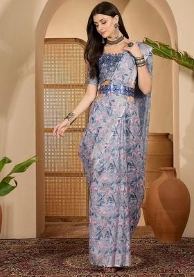 Grey Printed Linen Cotton Saree Set