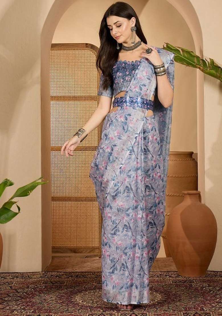 Grey Printed Linen Cotton Saree Set for Diwali and Festive Wear - Indya